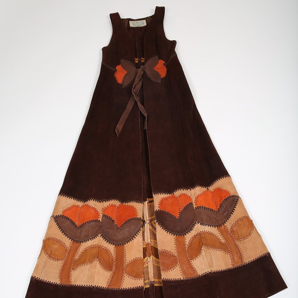 70s Vintage Char Suede & Leather Floral Patchwork Vest Boho Hippie Woodstock